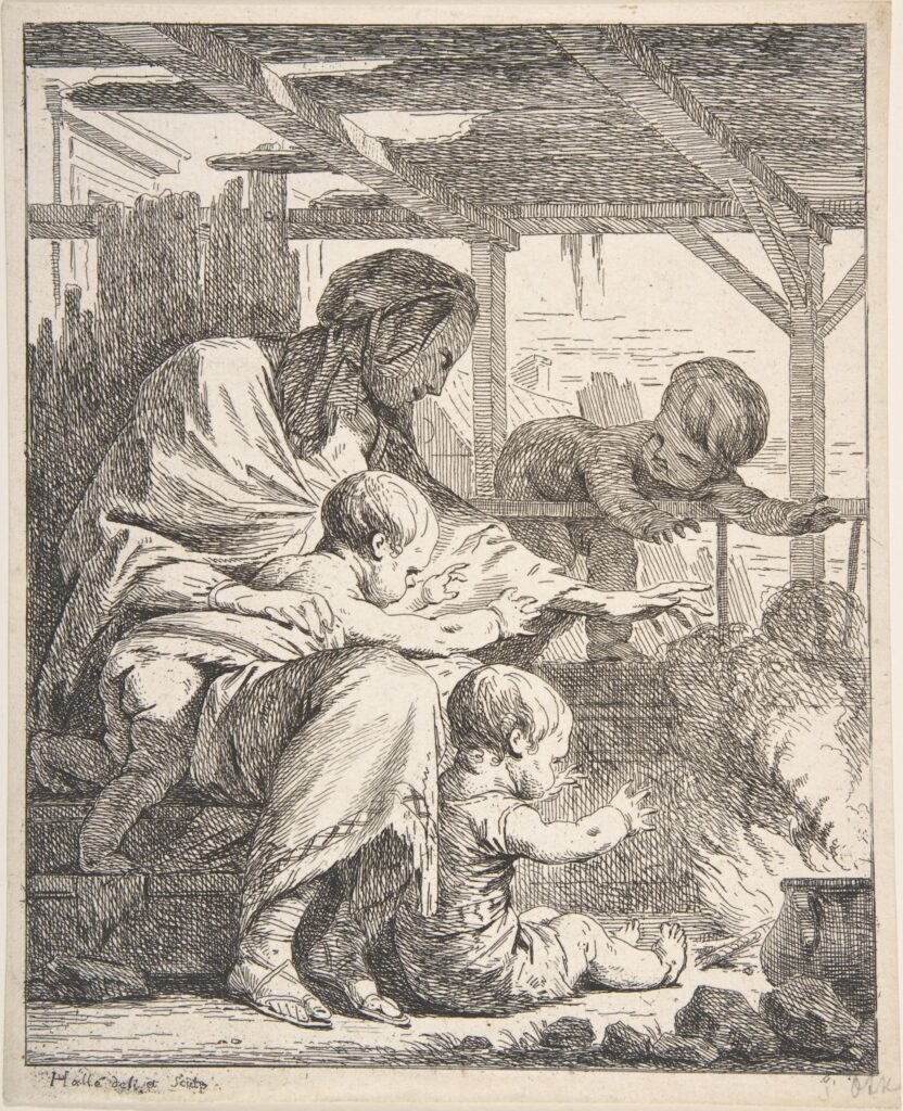 Family Warming Their Hands by a Fire (c. 1740s) etching by Noël Hallé for Home blog post