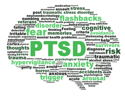 A word cloud of vocabulary related to PTSD, in the outline of a human brain.  Q / CC0 Public Domain